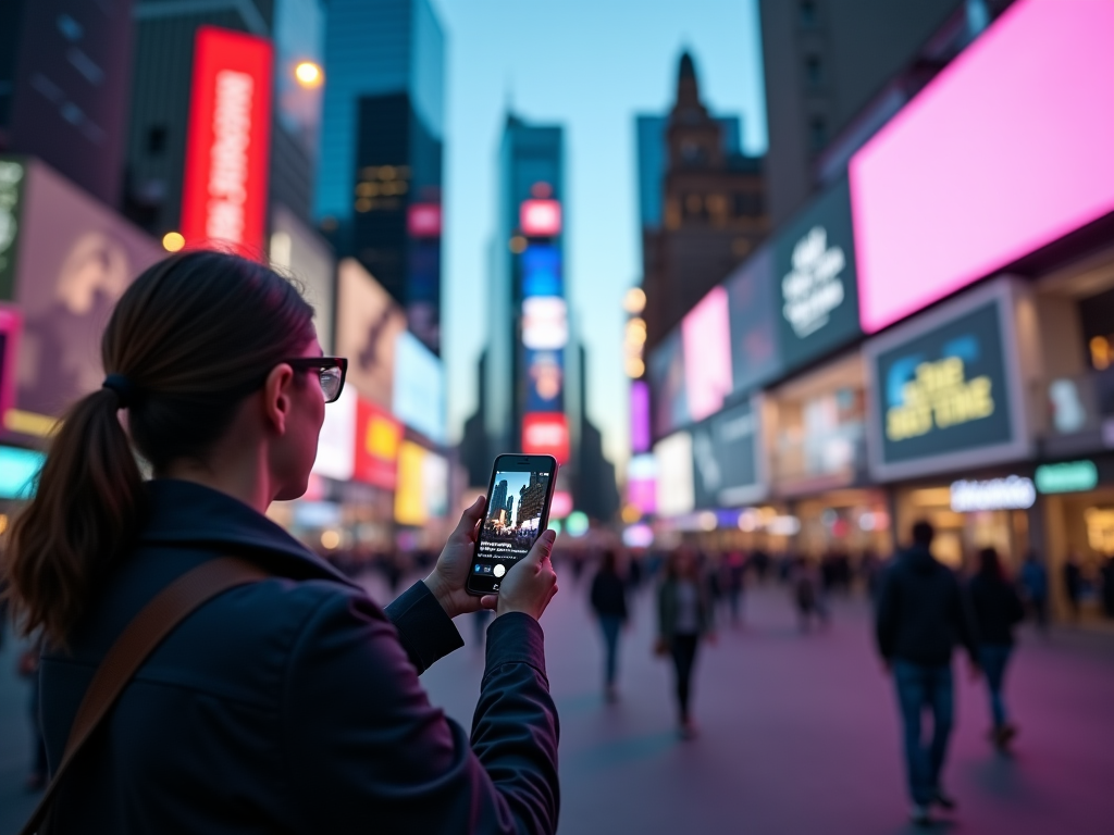 Женщина фотографирует ночной город с кинотеатрами на смартфон.