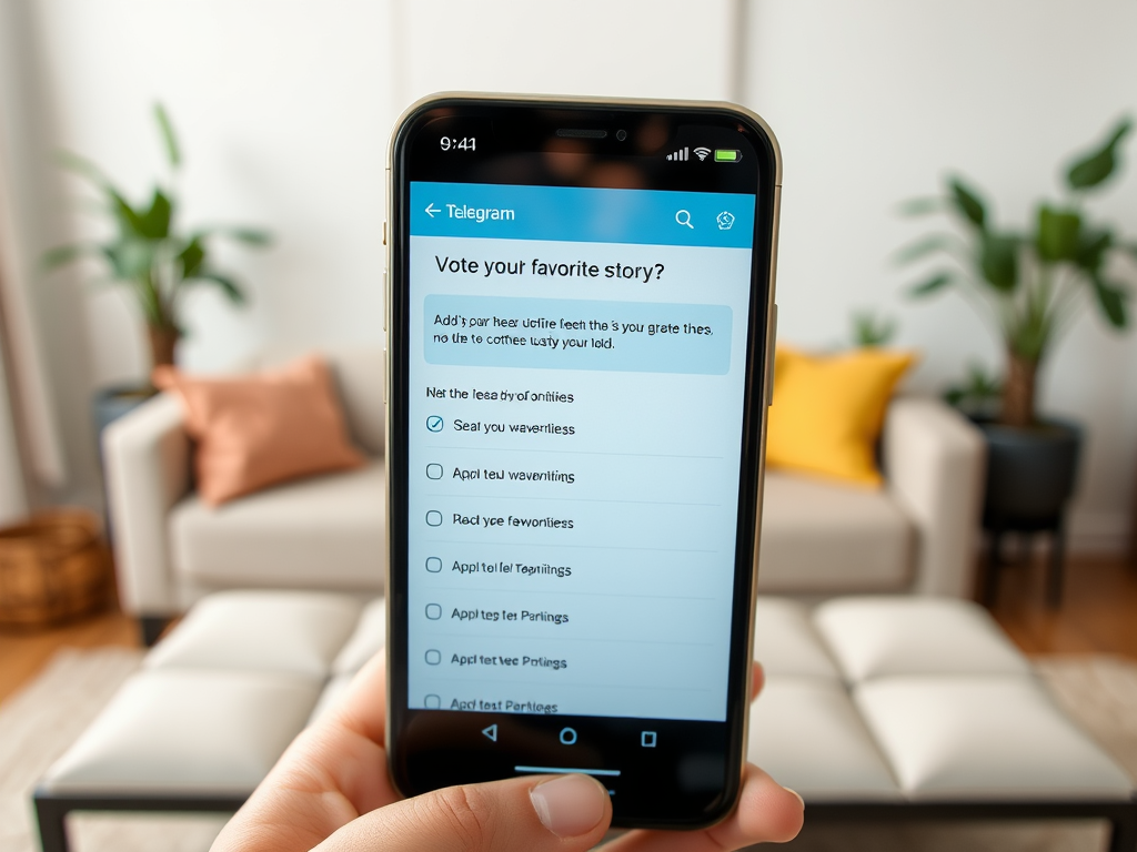 На экране смартфона открыто приложение Telegram с опросом о любимых историях.