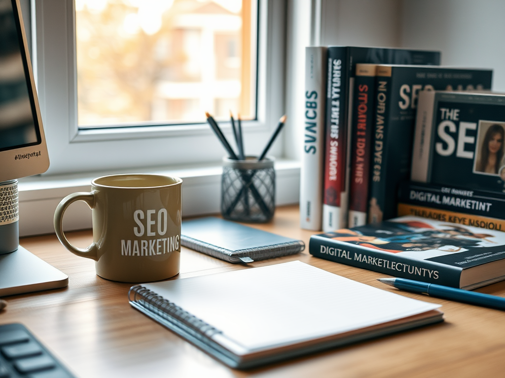 На столе находится кружка с надписью "SEO MARKETING", блокнот и несколько книг по цифровому маркетингу.