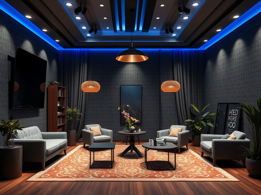 Современный уютный интерьер гостевой комнаты с мягкой мебелью и настенными светильниками.