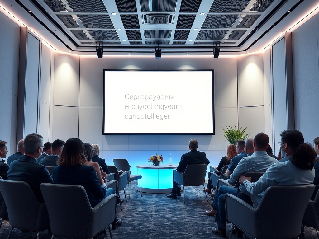 На мероприятии люди сидят, внимательно слушая презентацию на экране.