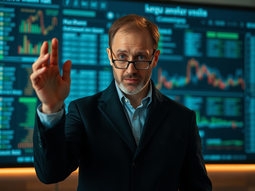 Мужчина в деловом костюме с серьёзным выражением лица перед экраном с графиками и данными.