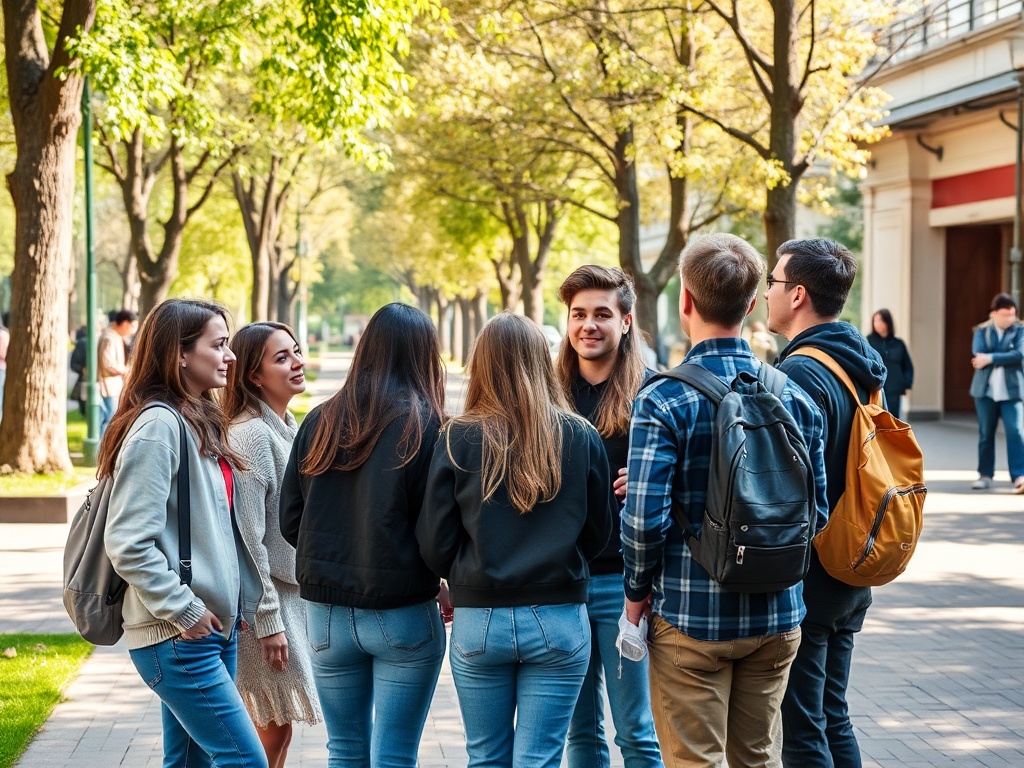 Группа молодежи общается на улице, окруженной зелеными деревьями и осенним солнечным светом.