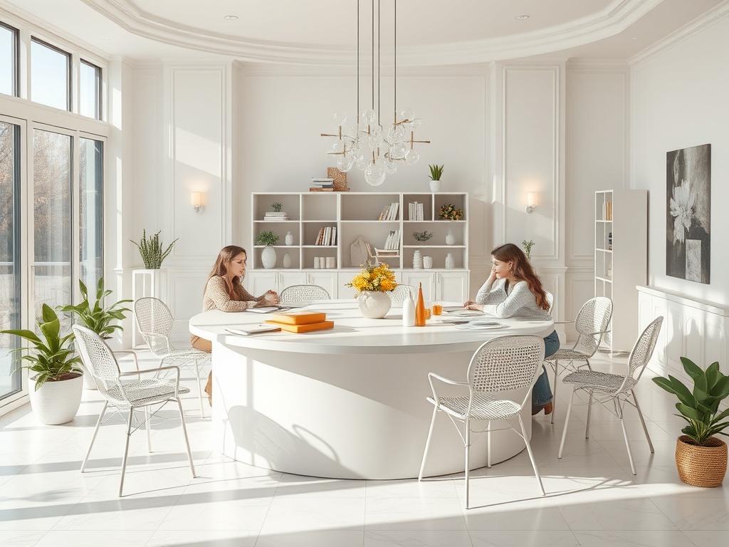 Две женщины читают и учатся в светлом современном помещении с большими окнами и зелеными растениями.