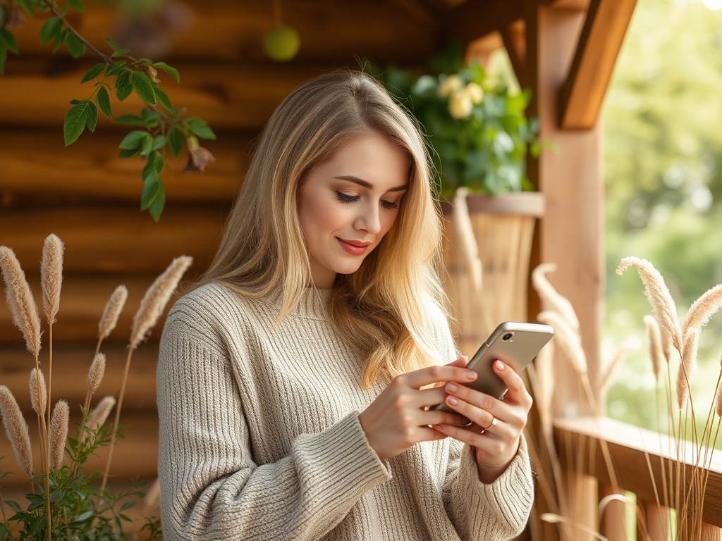 Девушка с длинными волосами в свитере смотрит в телефон на фоне природы и деревянной стены.